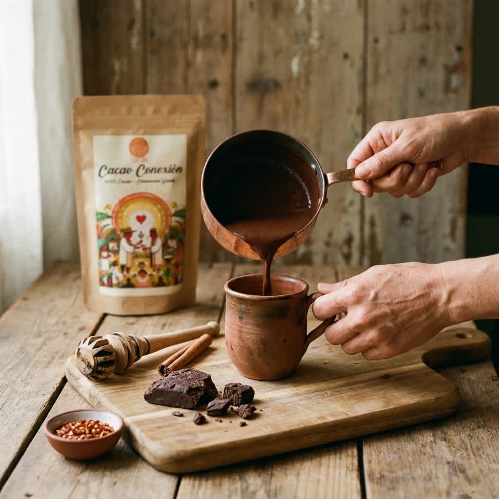 Nalievanie ceremoni&aacute;lneho kakaa Chuncho do hlinenej &scaron;&aacute;lky, vedľa k&uacute;sky pasty, &scaron;korica a vrecko Cacao Conexi&oacute;n