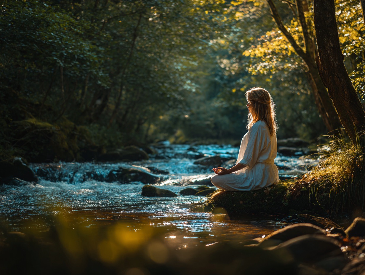 meditacia zena pri rieke klud pokoj